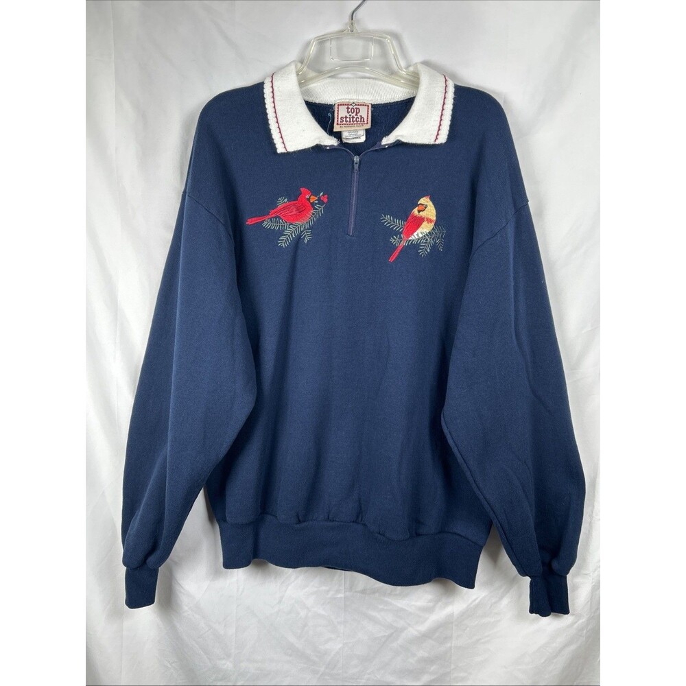 Vtg 90s Top Stitch Morning Sun Sweatshirt Blue Cardinal Birds Large Blue Grandma